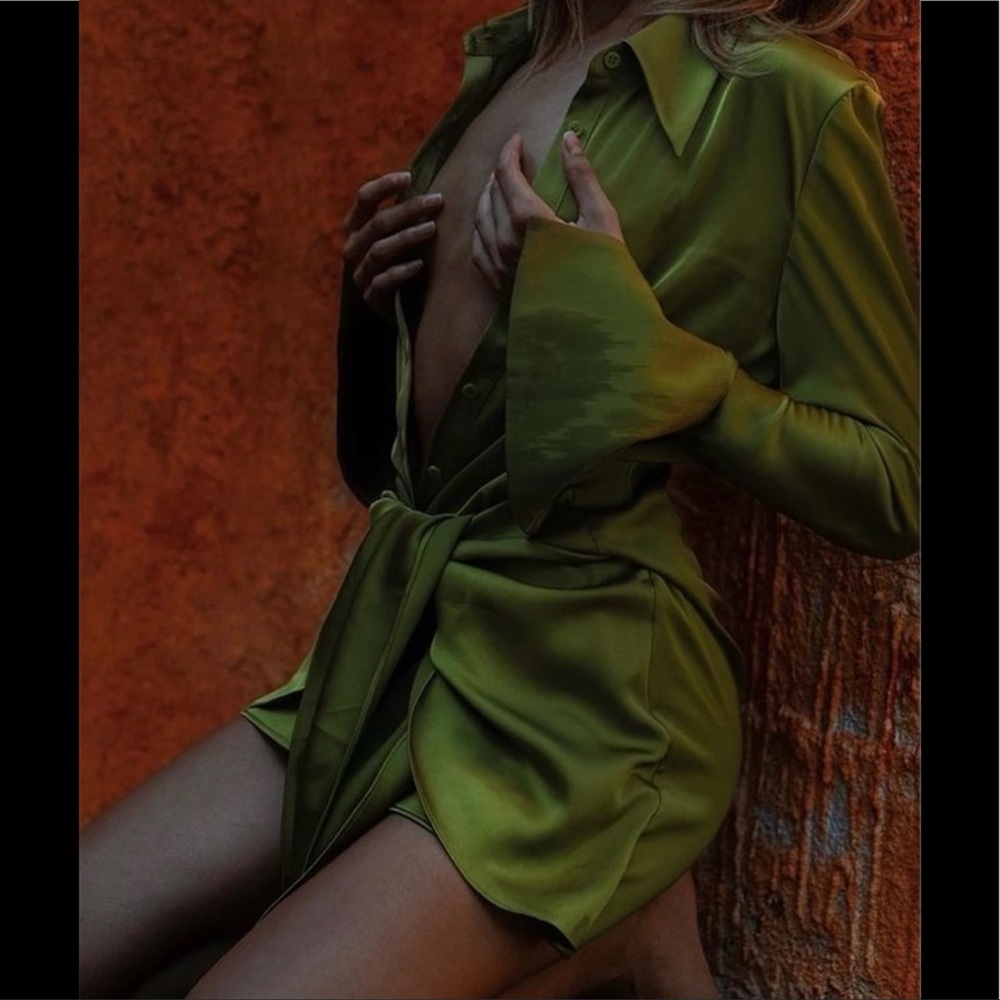 Bali Lime Naha Draped Sexy Mini Shirt Wrap Ruched Mini, Button Down Satin Dress - Picture 7 of 8